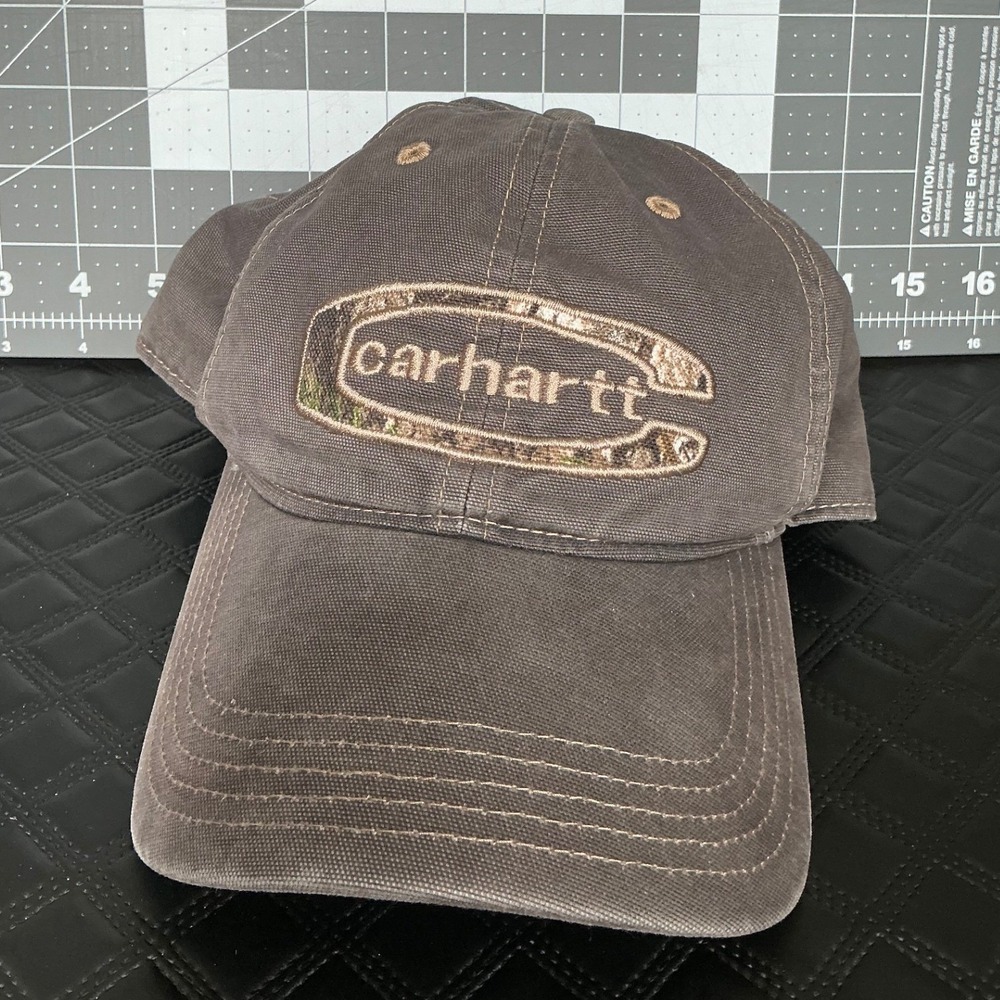 Carhartt Hat Mens Brown Canvas Camo Logo Adjustable Strapback Ball Cap Workwear